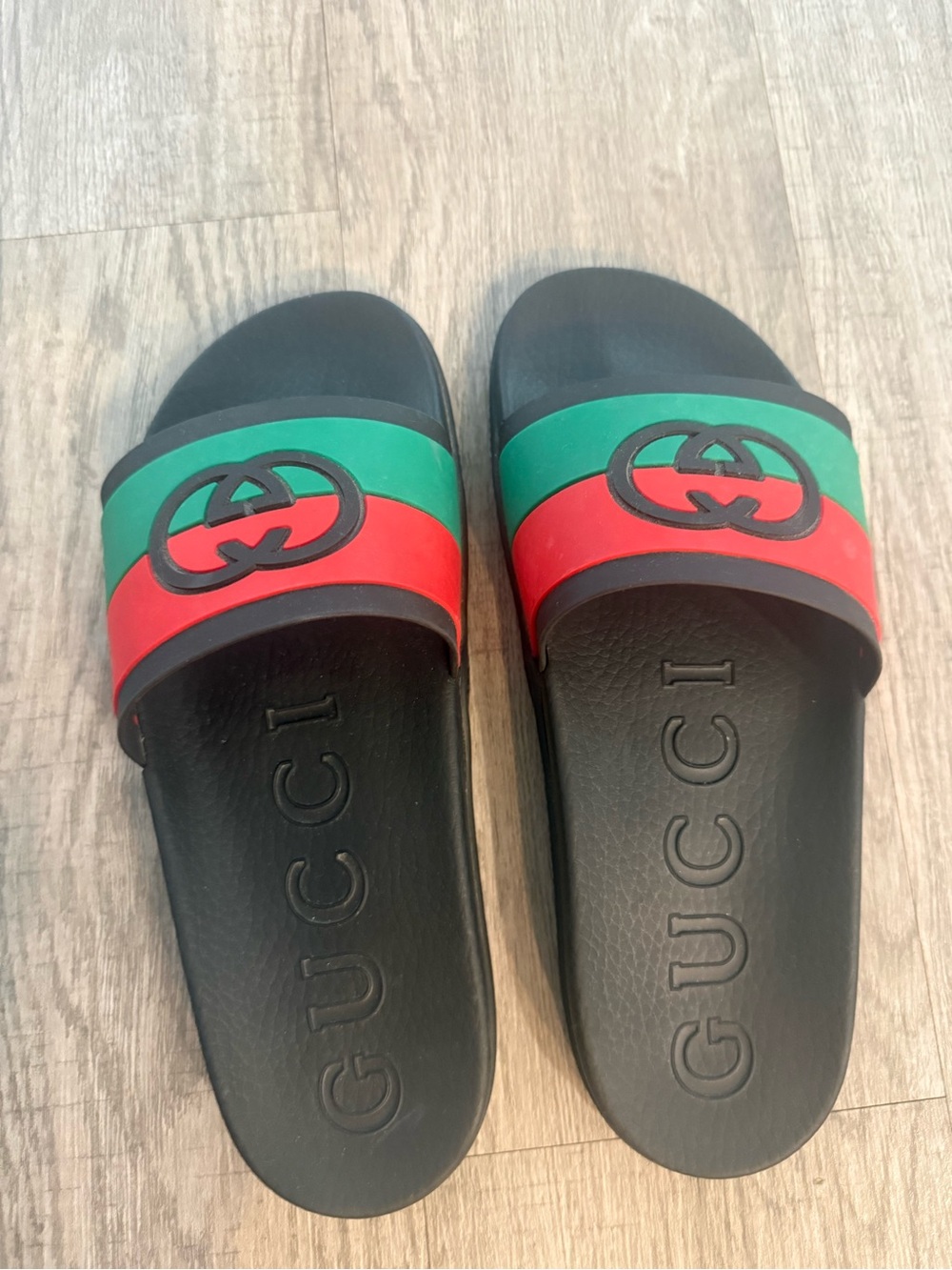 Authentic Gucci Black Slides with Green and Red Web Stripe and Double G Logo